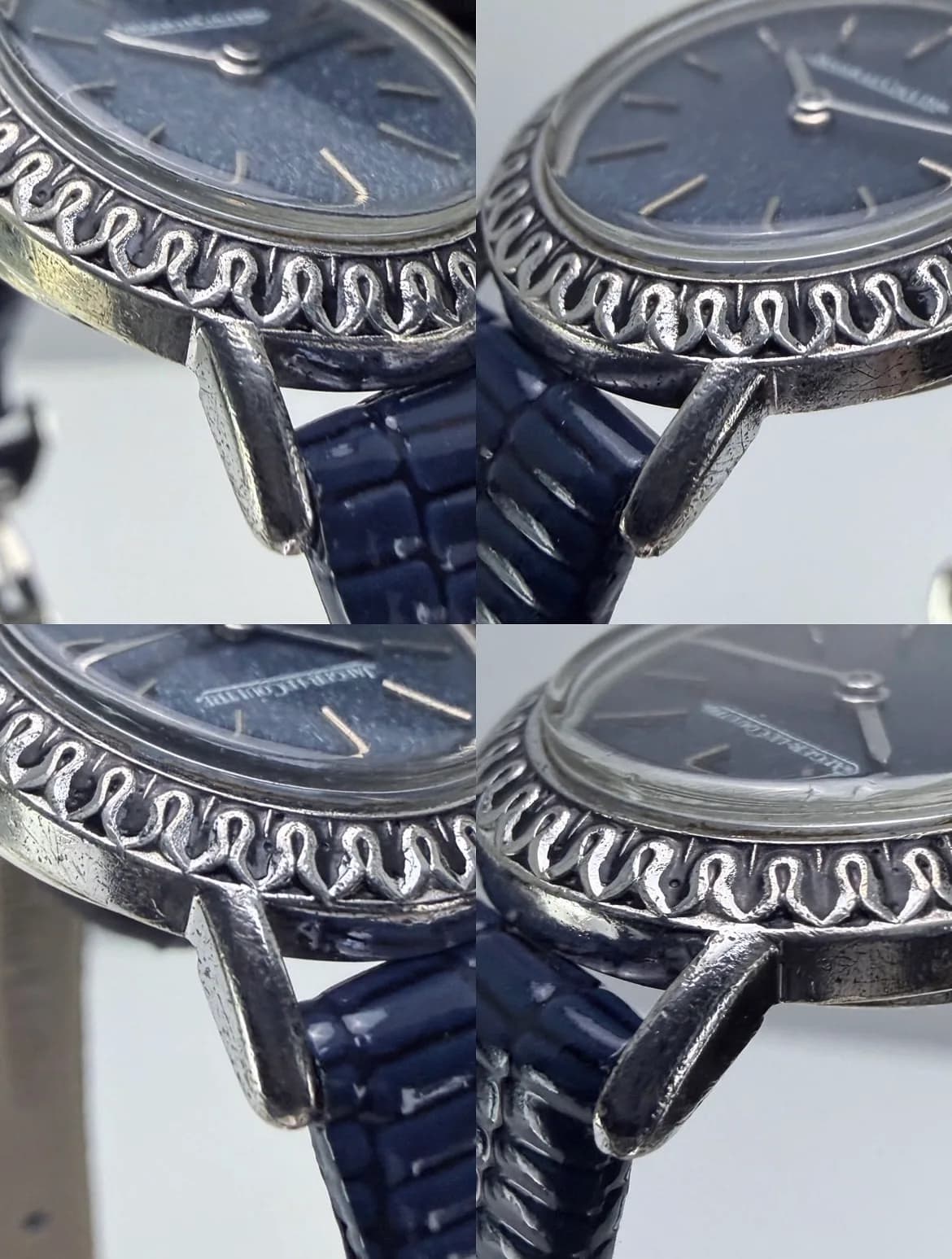 1970s 23mm Jaeger-LeCoultre JLC Sterling Silver Oval Ribbon Bezel Blue Textured Dial ref.9034-32 Cal.818/2 Manual Winding Watch — image 7