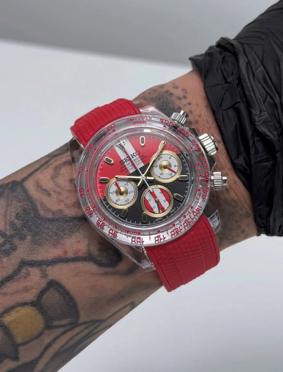 Custom S. Mod 39mm Racing Red Clear Plastic Daytona Quartz Chronograph  — image 1