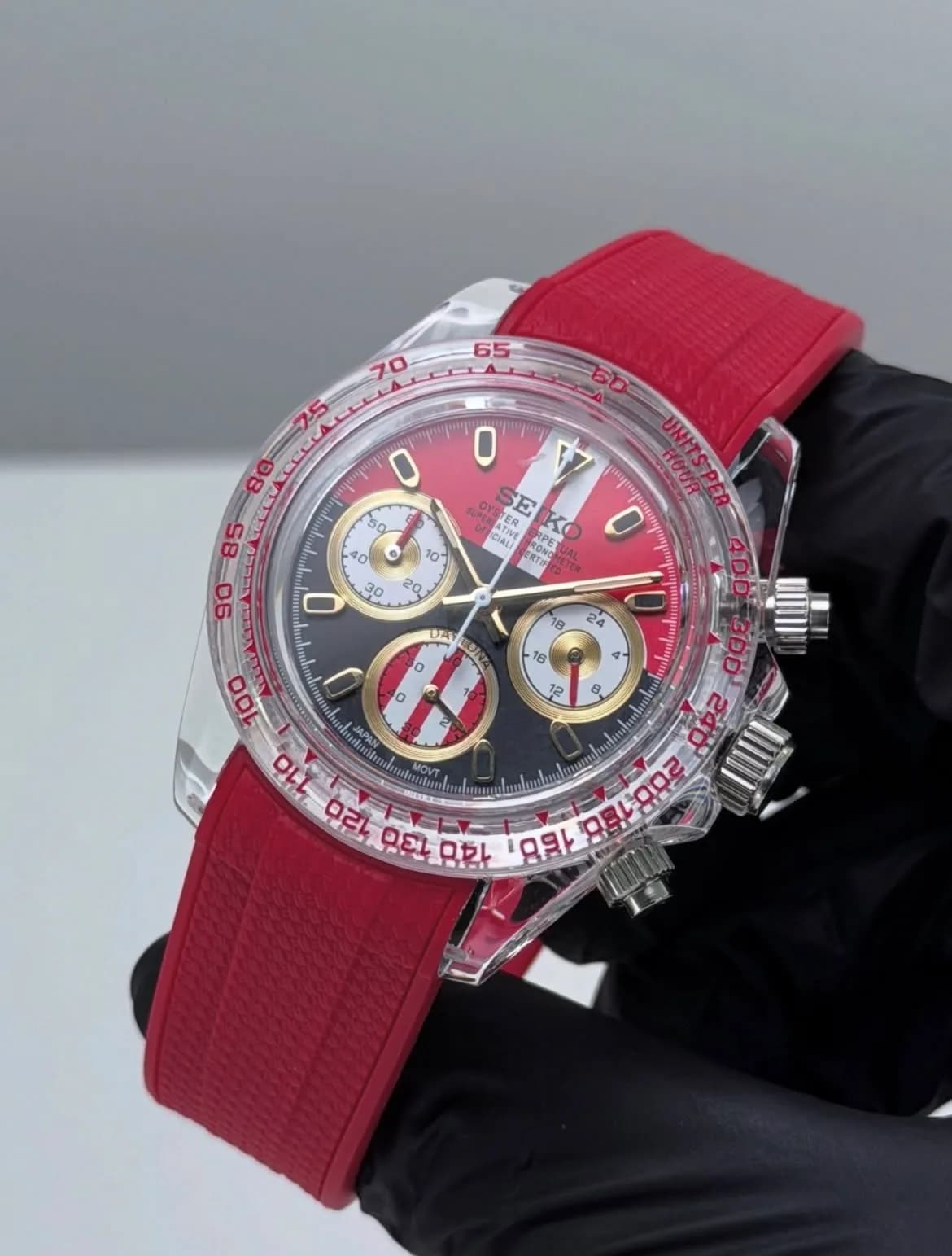 Custom S. Mod 39mm Racing Red Clear Plastic Daytona Quartz Chronograph  — image 2