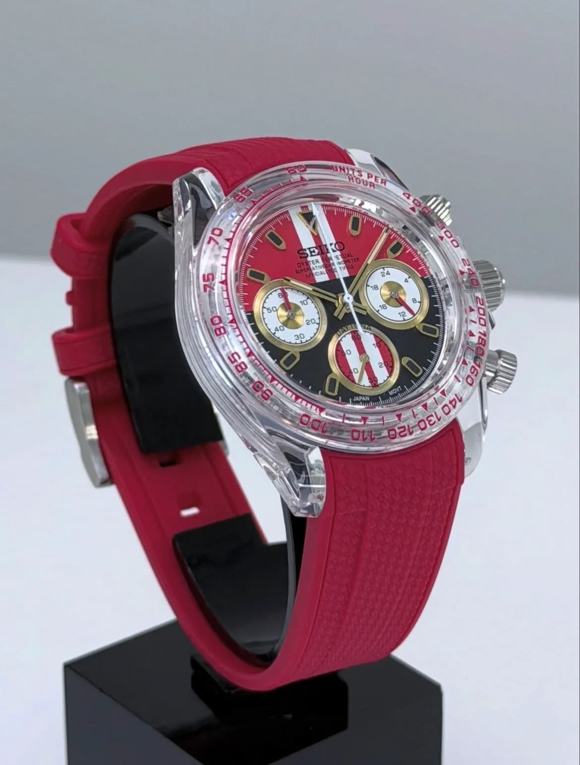 Custom S. Mod 39mm Racing Red Clear Plastic Daytona Quartz Chronograph  — image 3