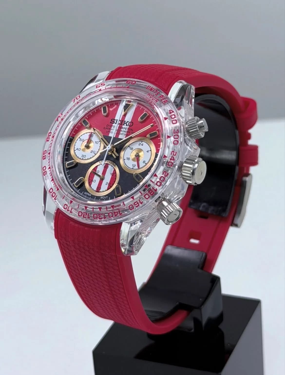 Custom S. Mod 39mm Racing Red Clear Plastic Daytona Quartz Chronograph  — image 4