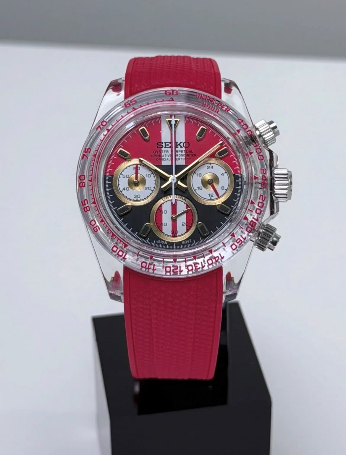 Custom S. Mod 39mm Racing Red Clear Plastic Daytona Quartz Chronograph  — image 5