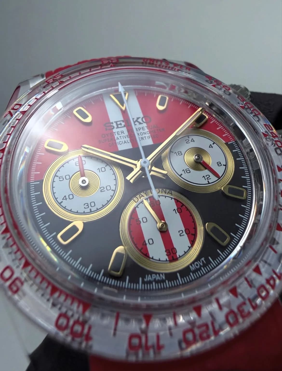 Custom S. Mod 39mm Racing Red Clear Plastic Daytona Quartz Chronograph  — image 6