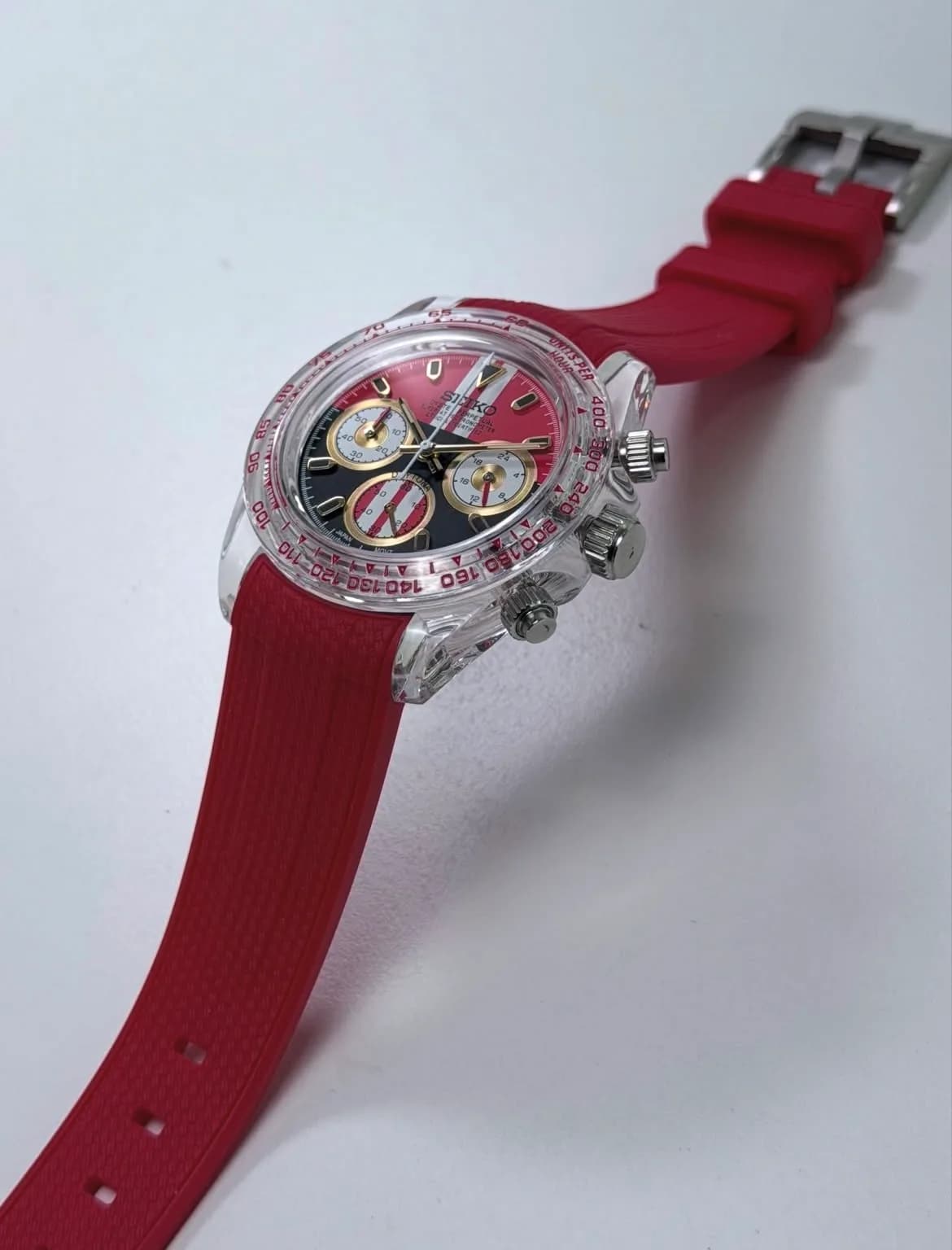 Custom S. Mod 39mm Racing Red Clear Plastic Daytona Quartz Chronograph  — image 7