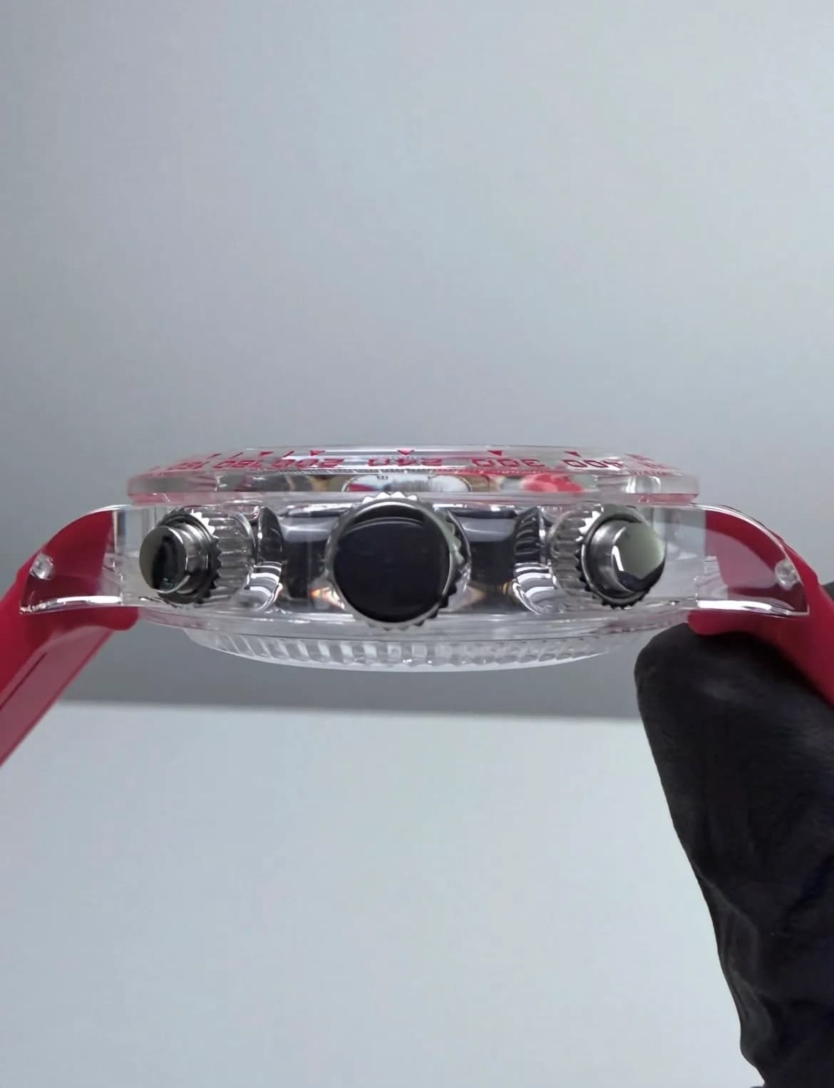 Custom S. Mod 39mm Racing Red Clear Plastic Daytona Quartz Chronograph  — image 9