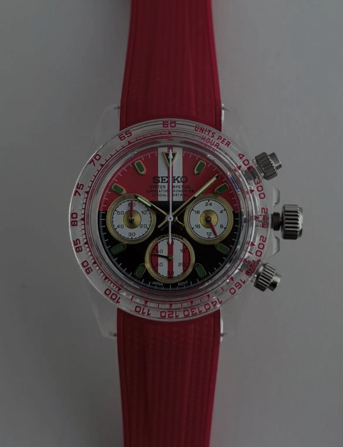 Custom S. Mod 39mm Racing Red Clear Plastic Daytona Quartz Chronograph  — image 10