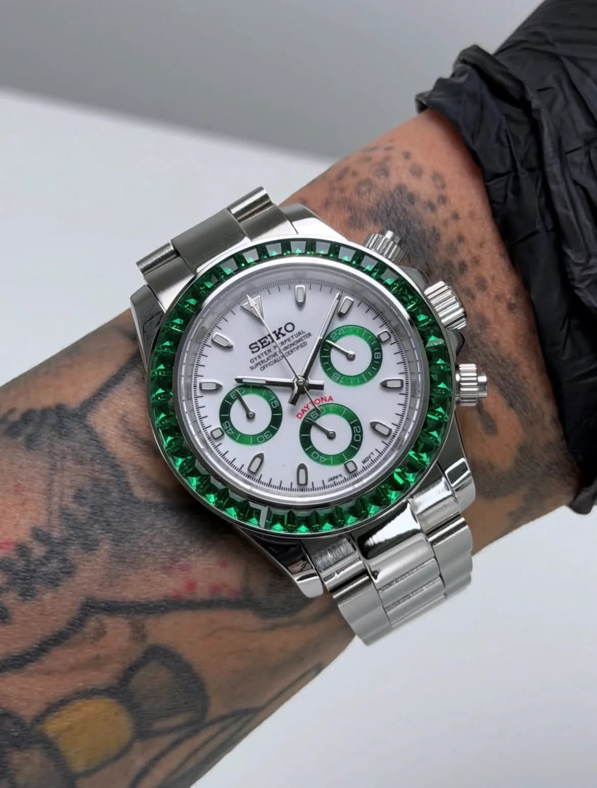 Custom S. Mod 39.5mm Green Panda Diamond Steel Daytona Quartz Chronograph — image 1
