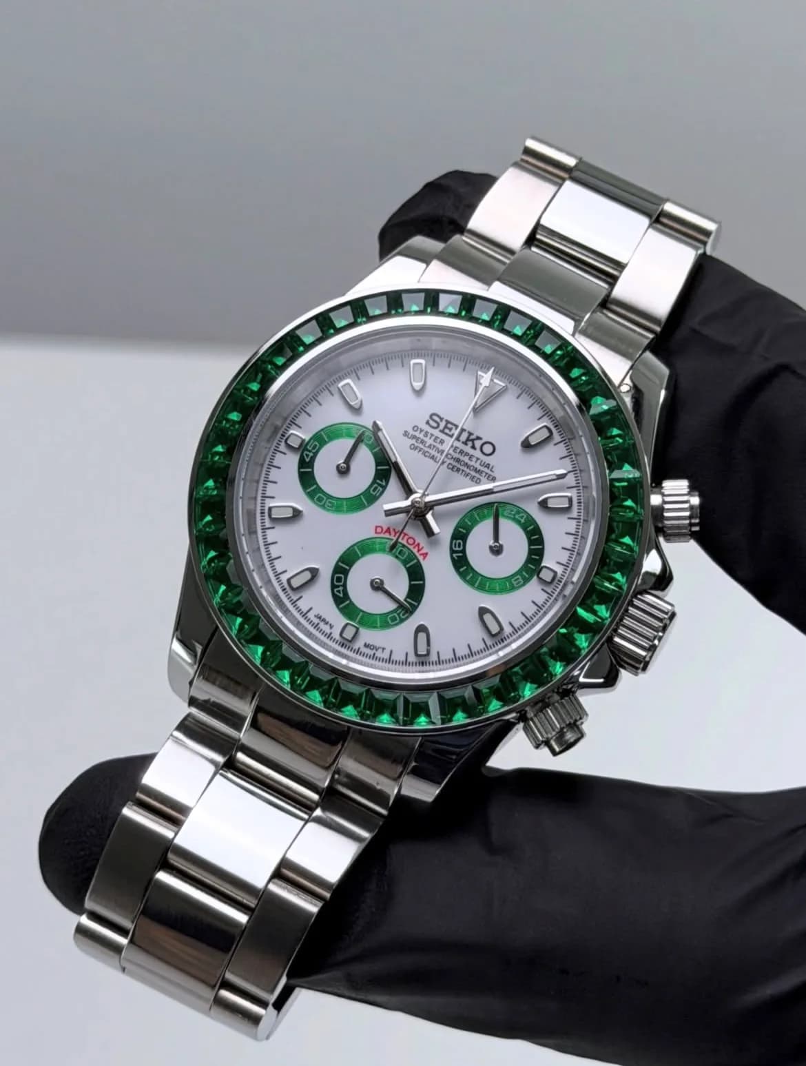 Custom S. Mod 39.5mm Green Panda Diamond Steel Daytona Quartz Chronograph — image 2