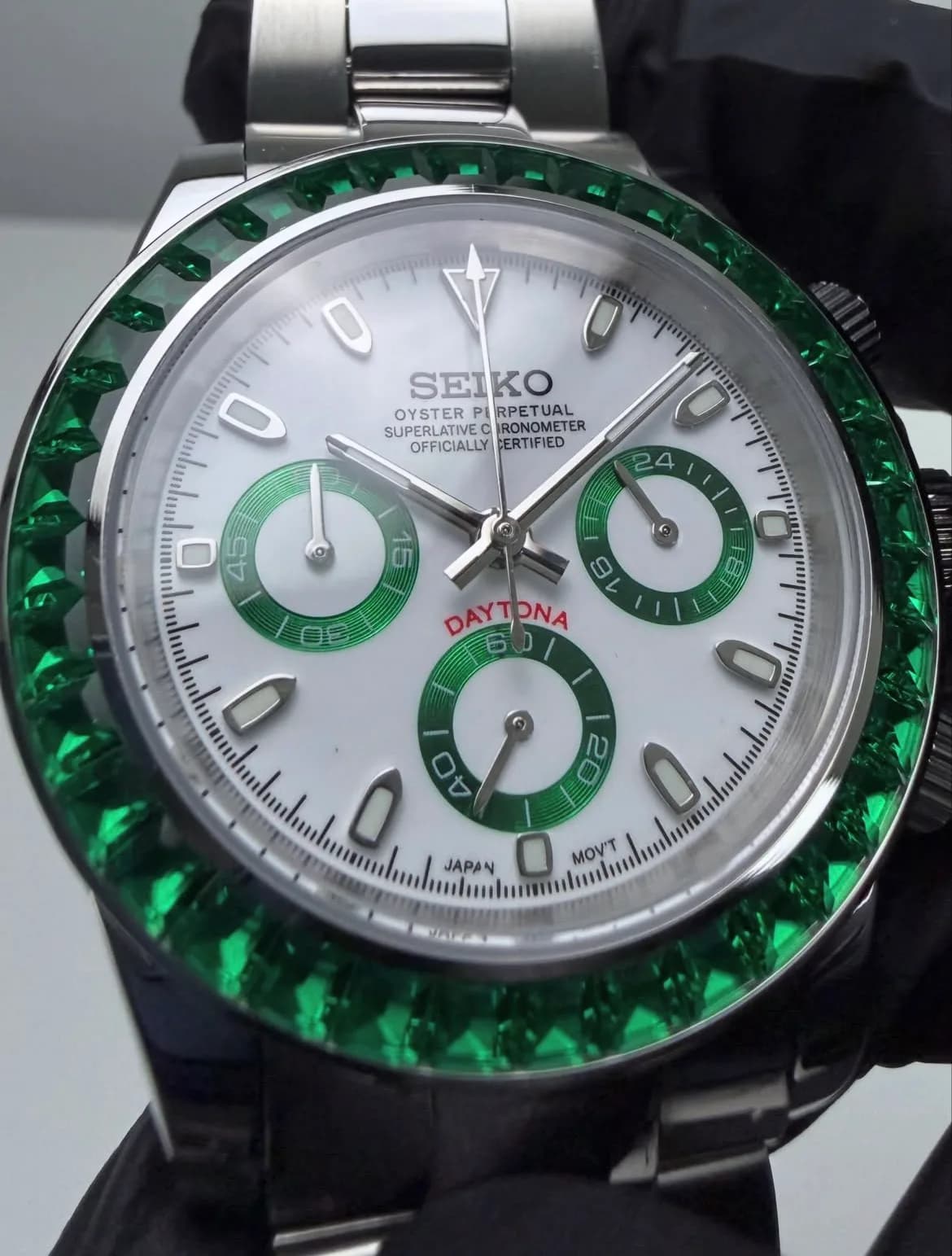 Custom S. Mod 39.5mm Green Panda Diamond Steel Daytona Quartz Chronograph — image 6