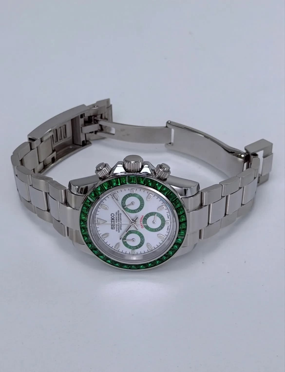Custom S. Mod 39.5mm Green Panda Diamond Steel Daytona Quartz Chronograph — image 7