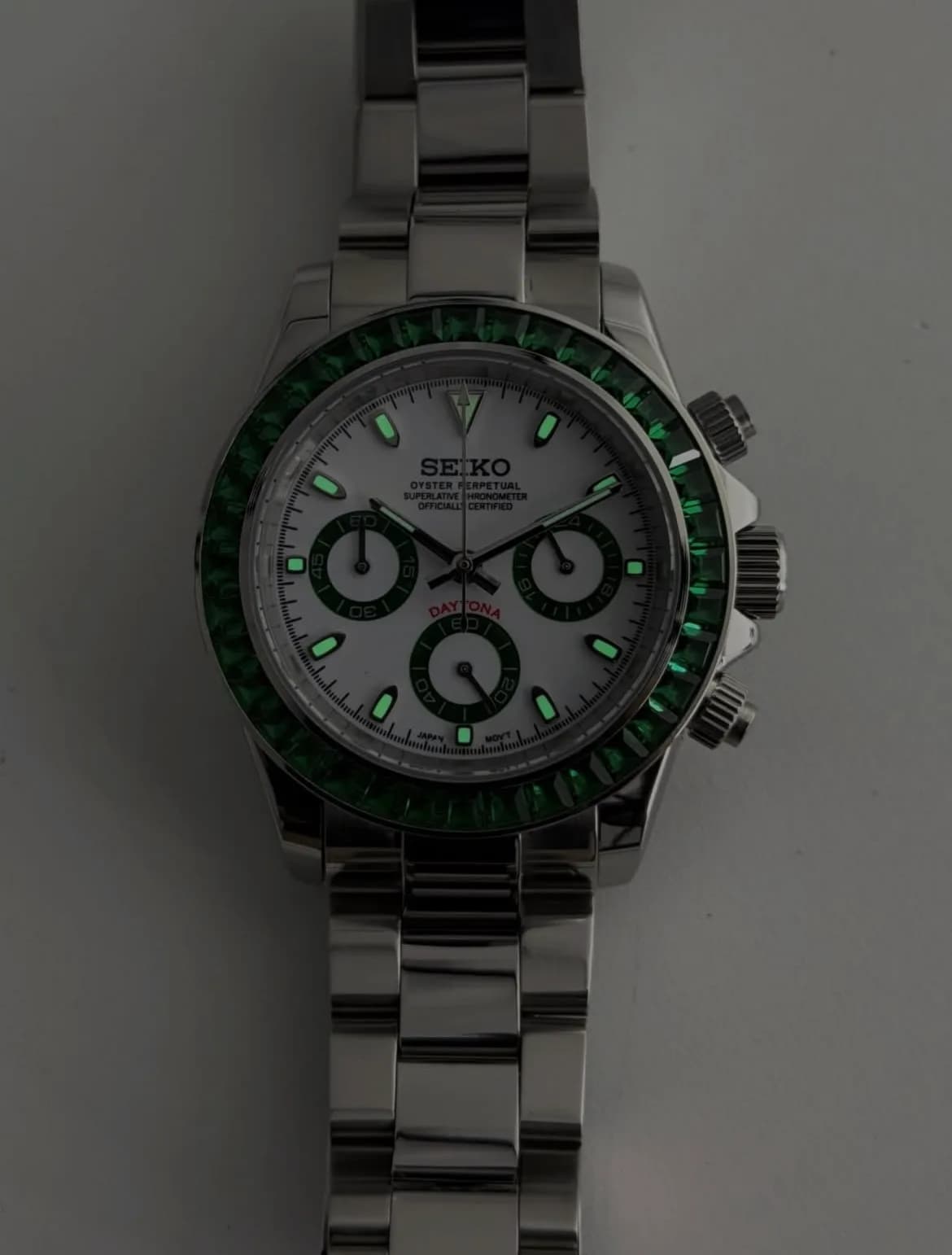 Custom S. Mod 39.5mm Green Panda Diamond Steel Daytona Quartz Chronograph — image 10