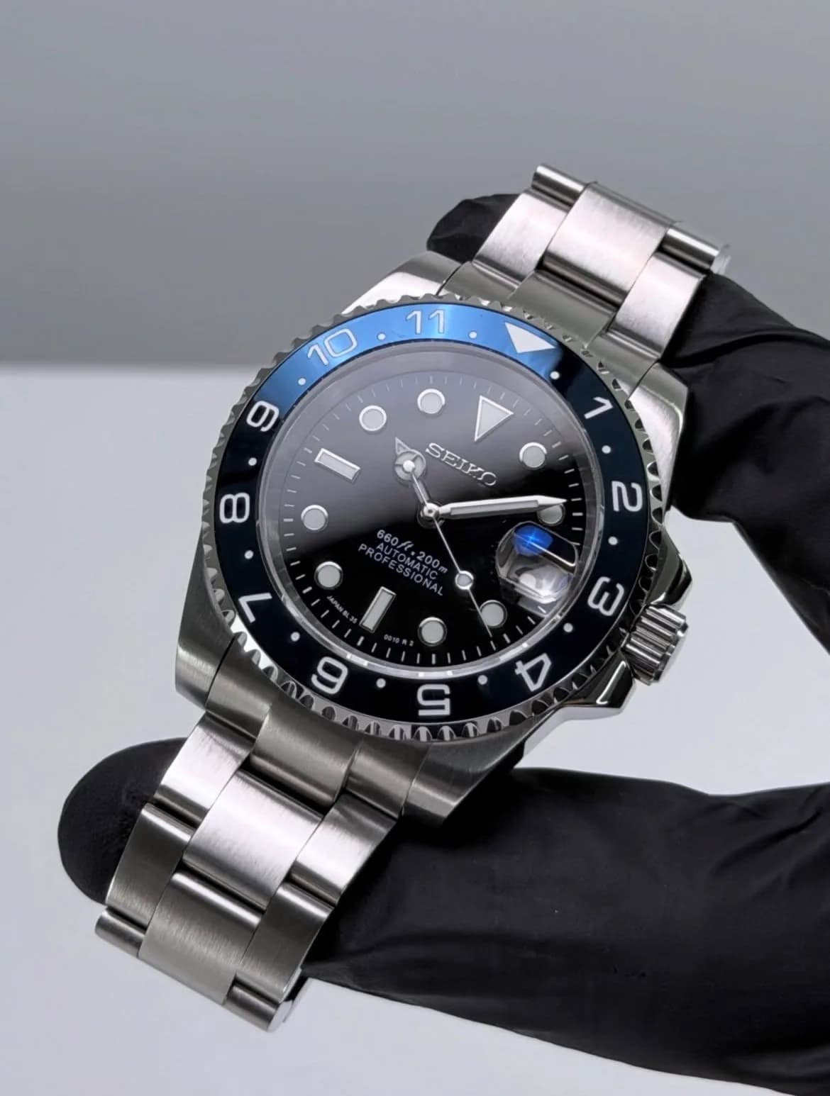 Custom S. Mod 40mm Gloss Black Chrome Blue Dual Time Sub Automatic Watch — image 2