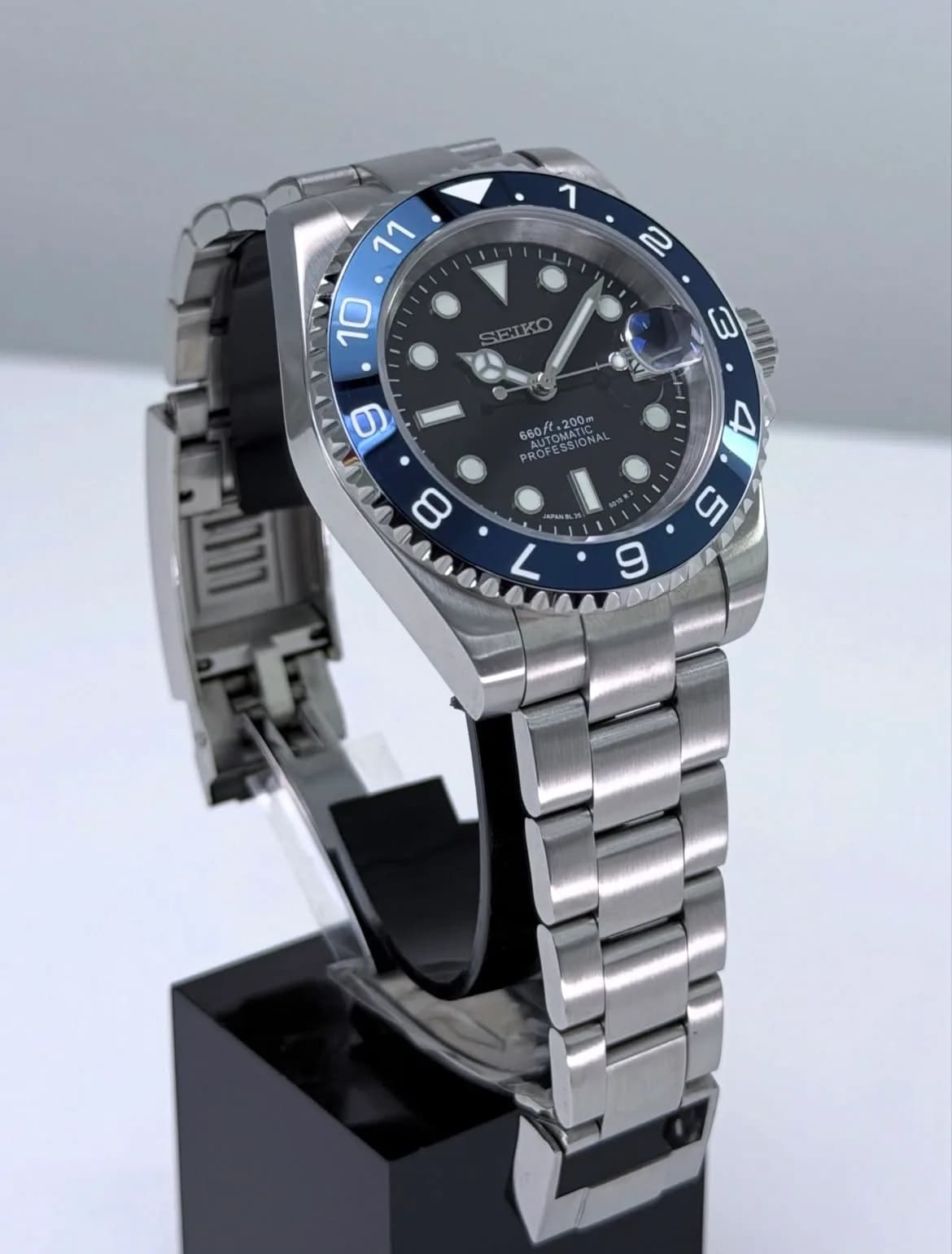 Custom S. Mod 40mm Gloss Black Chrome Blue Dual Time Sub Automatic Watch — image 3