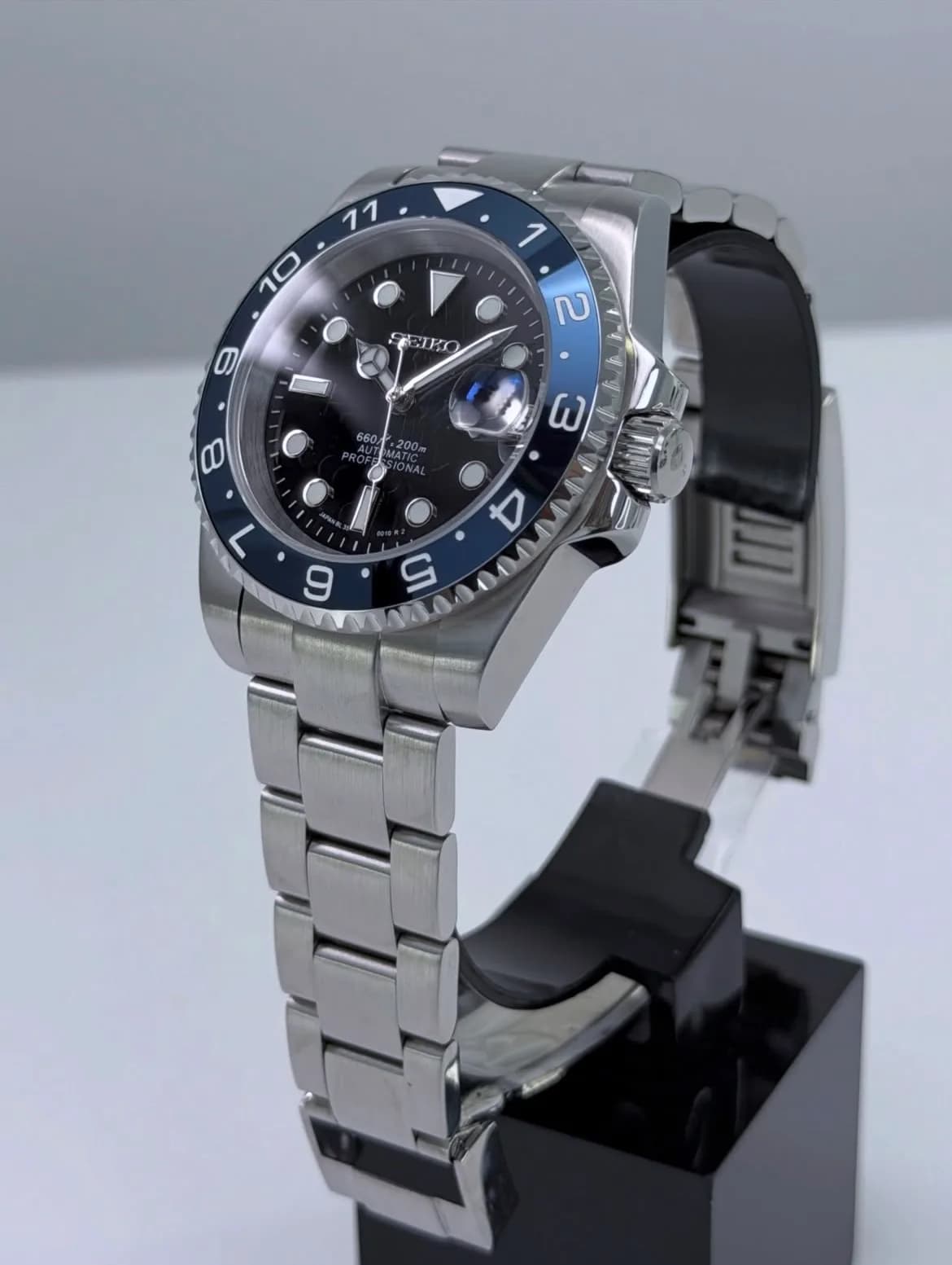 Custom S. Mod 40mm Gloss Black Chrome Blue Dual Time Sub Automatic Watch — image 4