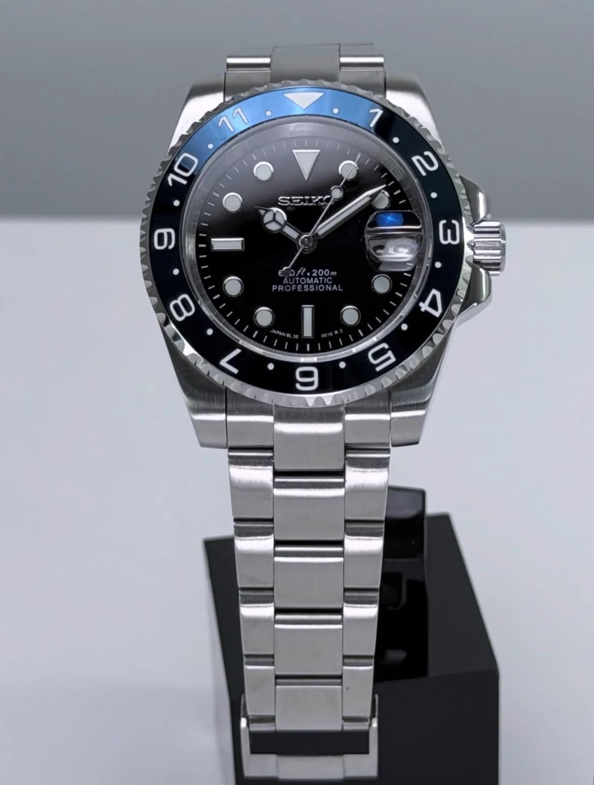 Custom S. Mod 40mm Gloss Black Chrome Blue Dual Time Sub Automatic Watch — image 5