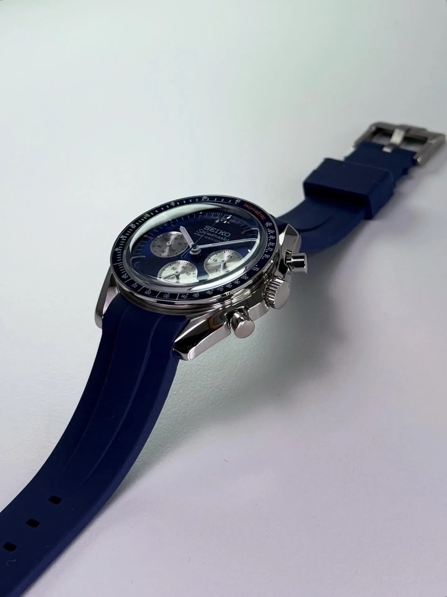 Custom S. Mod 40mm Reverse Blue Panda Speedy on Rubber Strap (Quartz Chronograph) — image 6
