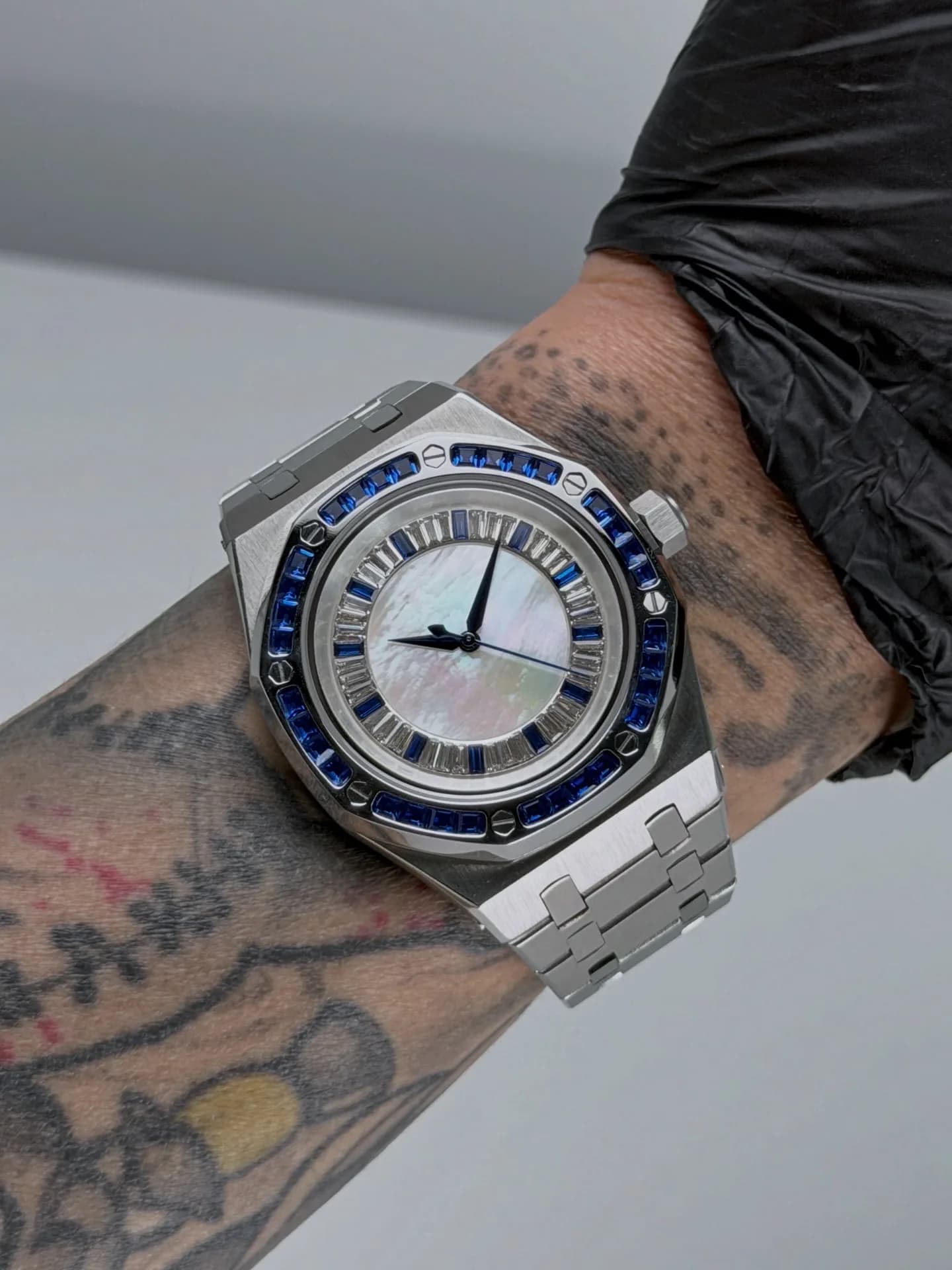 Custom S. Mod 42mm White MOP Double Blue Diamond AP Automatic Watch  — image 1