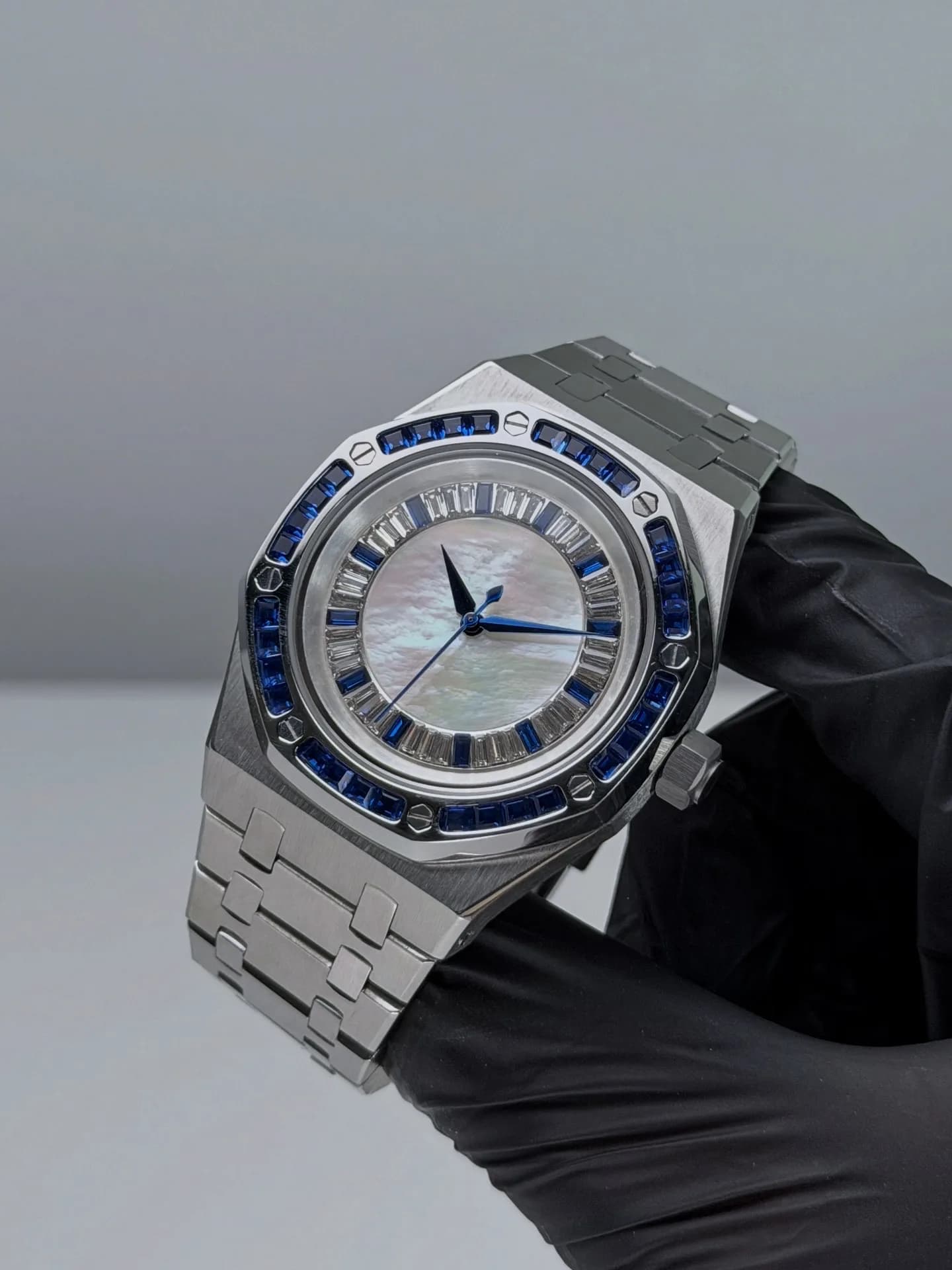 Custom S. Mod 42mm White MOP Double Blue Diamond AP Automatic Watch  — image 2