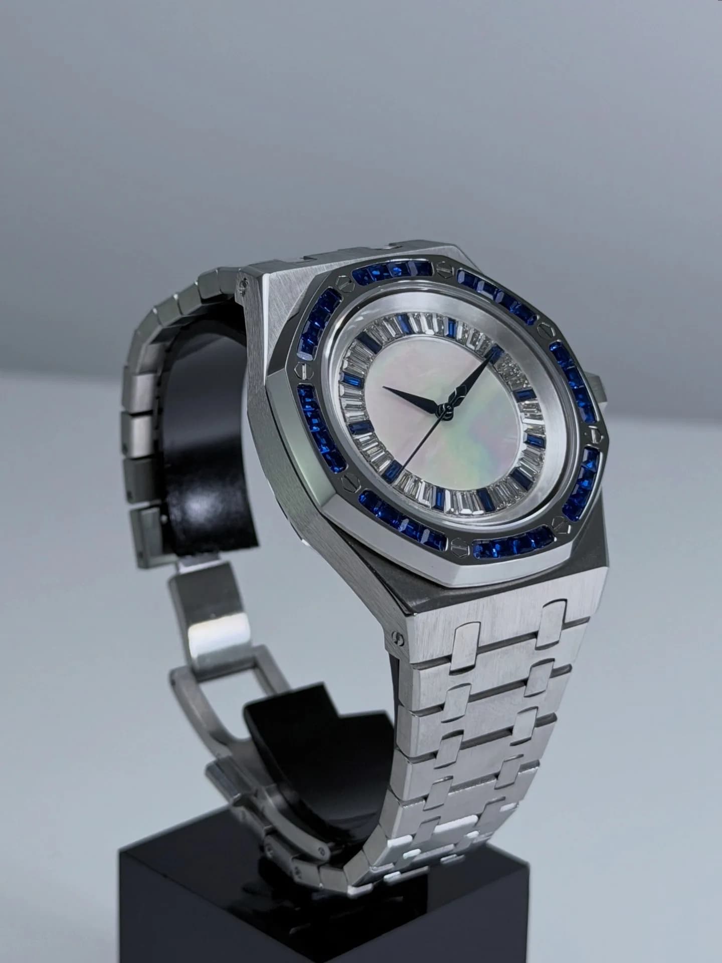 Custom S. Mod 42mm White MOP Double Blue Diamond AP Automatic Watch  — image 3