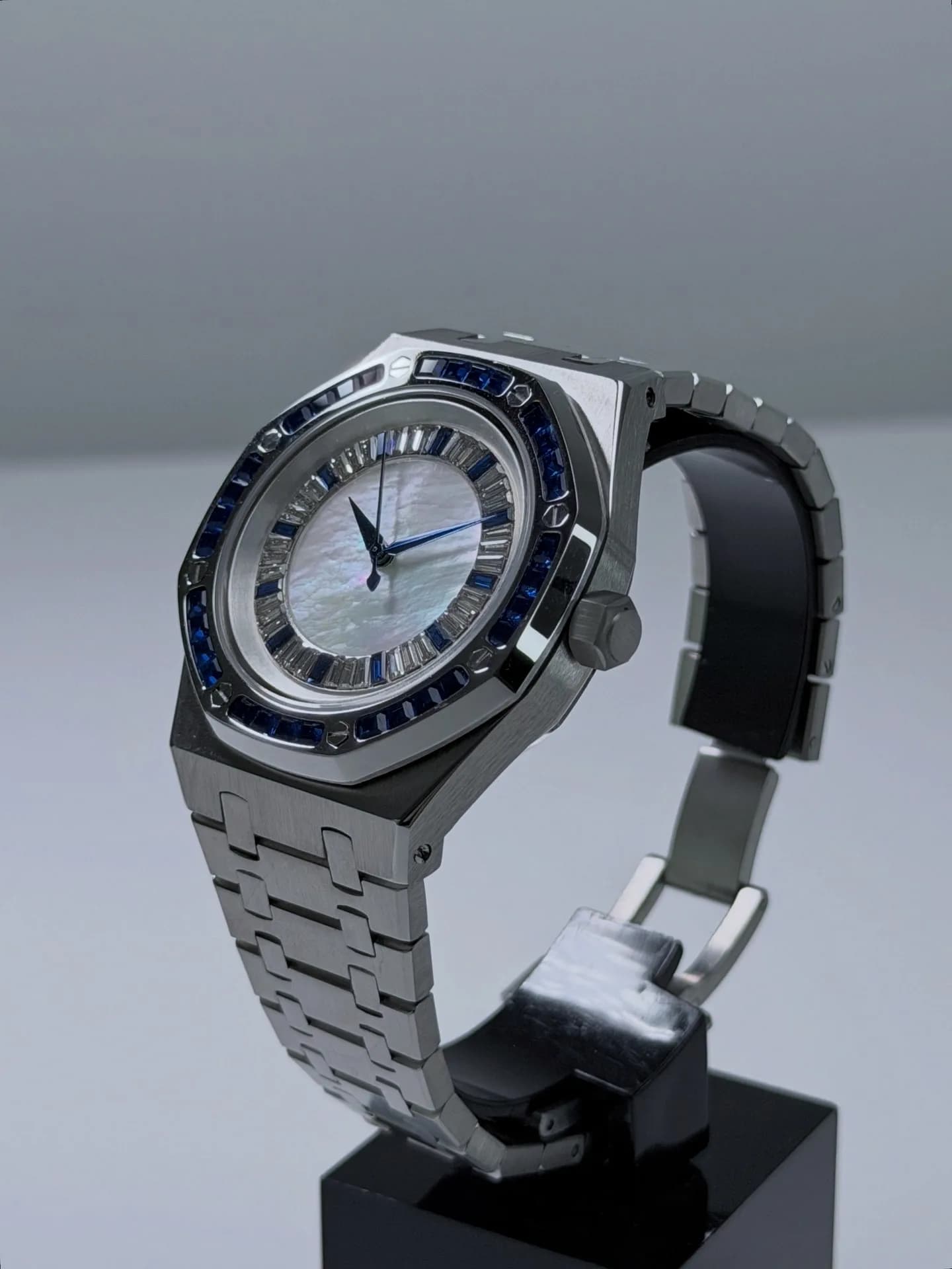 Custom S. Mod 42mm White MOP Double Blue Diamond AP Automatic Watch  — image 4