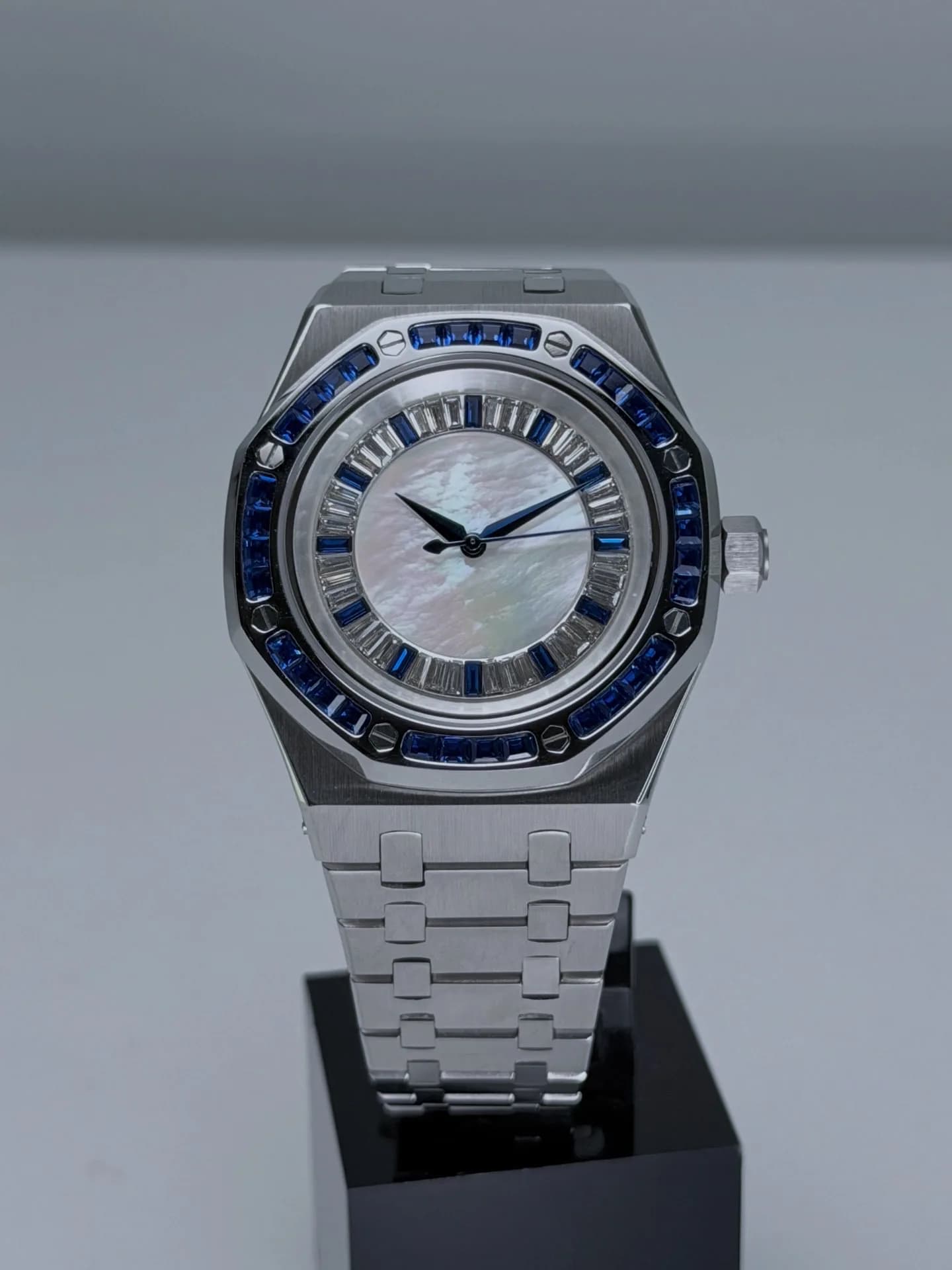 Custom S. Mod 42mm White MOP Double Blue Diamond AP Automatic Watch  — image 5