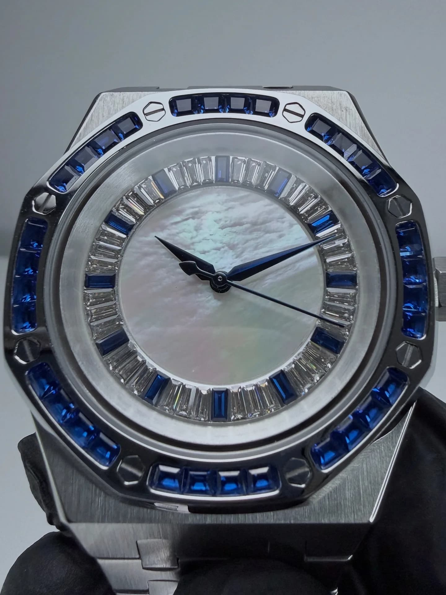 Custom S. Mod 42mm White MOP Double Blue Diamond AP Automatic Watch  — image 6