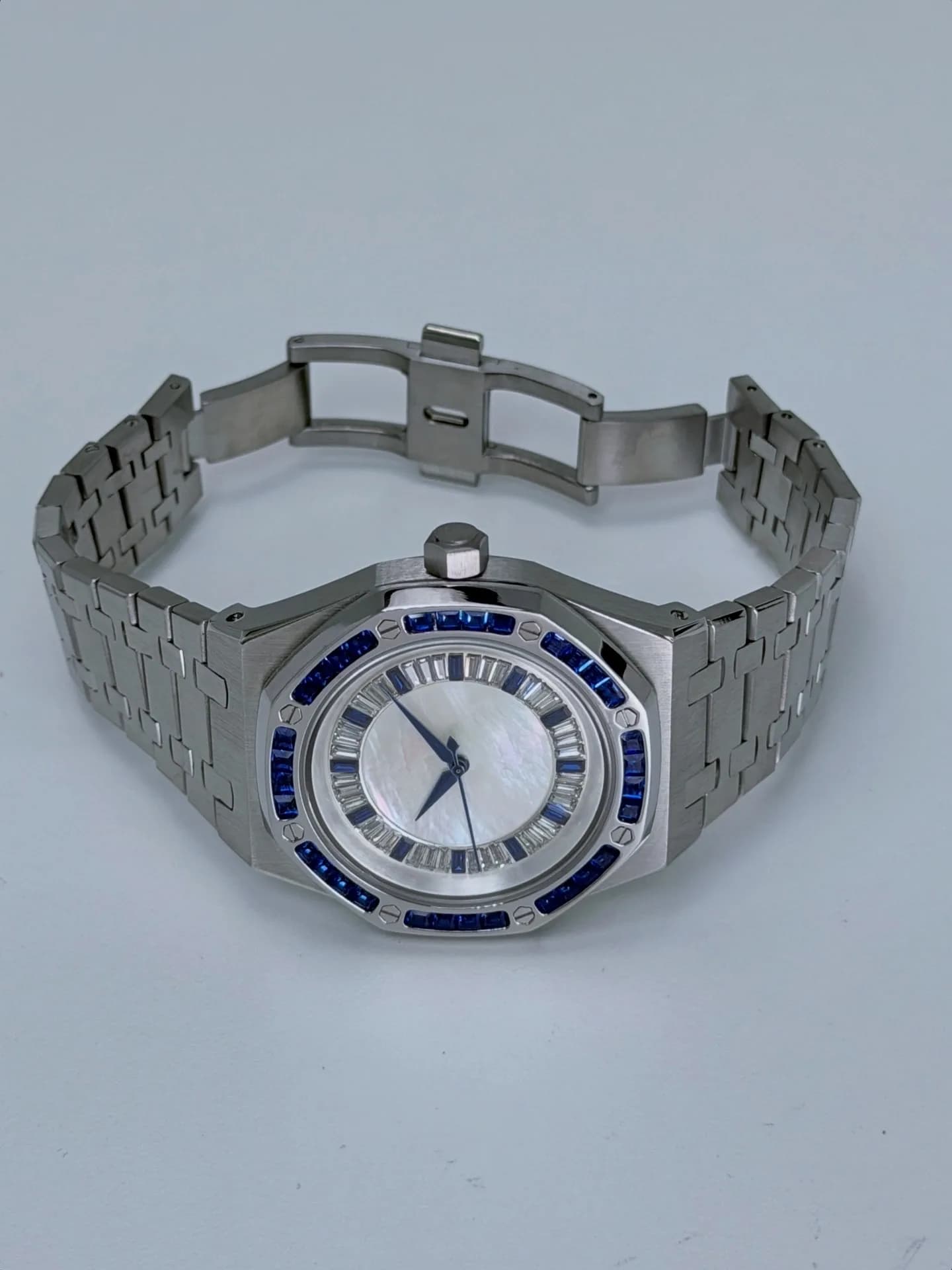 Custom S. Mod 42mm White MOP Double Blue Diamond AP Automatic Watch  — image 7