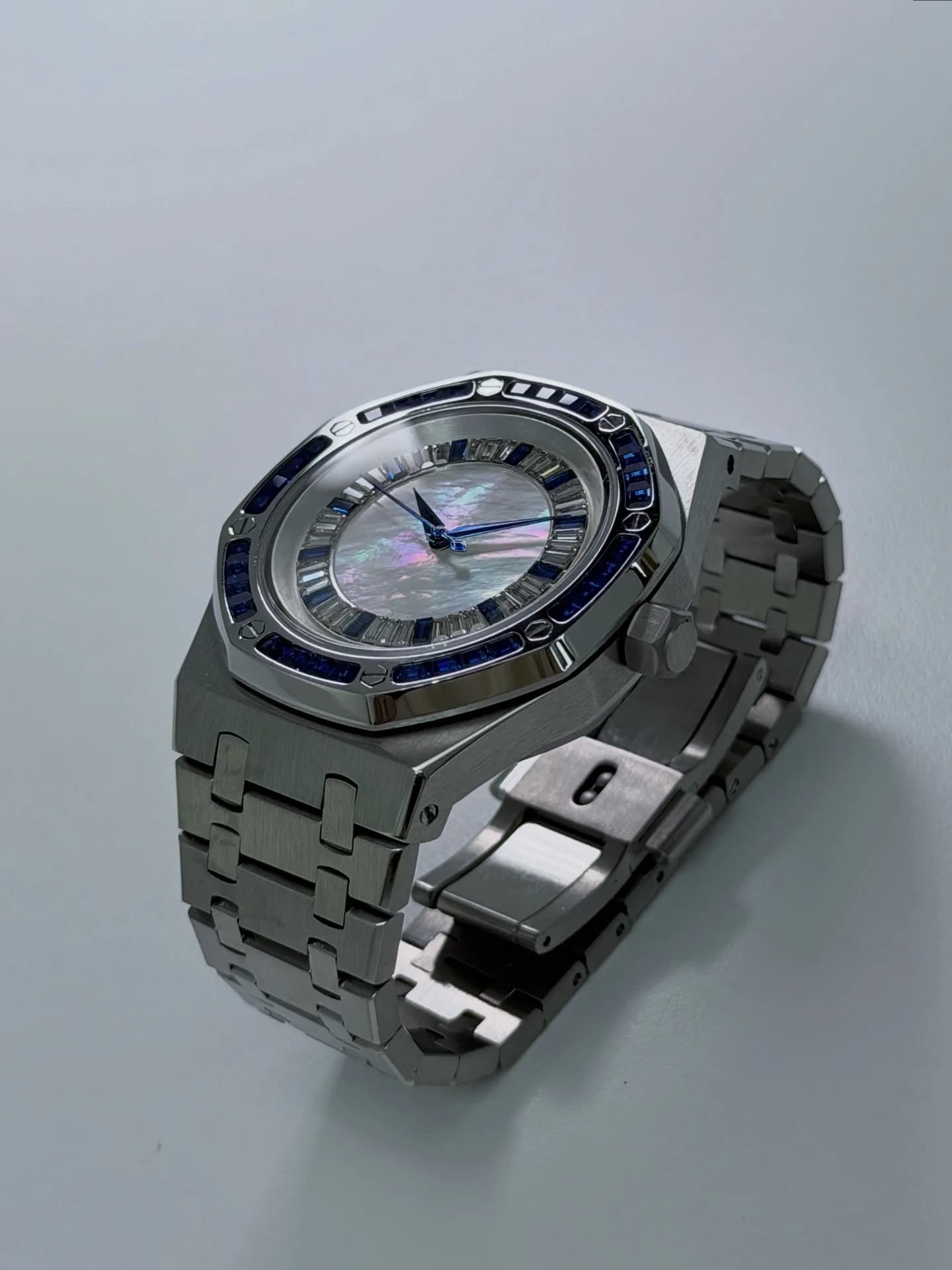 Custom S. Mod 42mm White MOP Double Blue Diamond AP Automatic Watch  — image 10