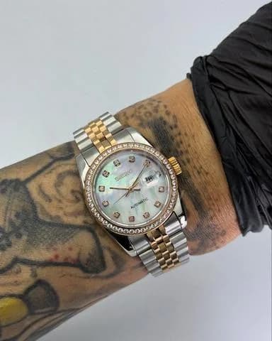Custom S. Mod 31mm 2-Tone Silver Rose Gold White Pearl Double Diamond Datejust — image 1