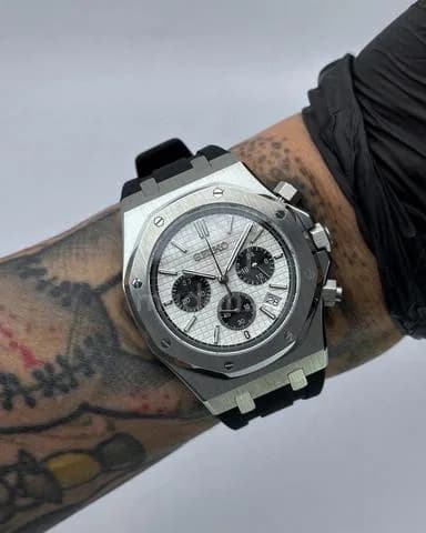 Custom S. Mod 42mm White Panda Quartz Chronograph AP on Rubber Strap — image 1