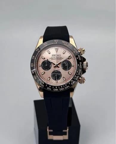 Custom S. Mod 39.5mm Salmon Rose Gold Daytona Quartz Chronograph — image 5