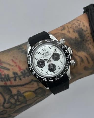 Custom S. Mod 39.5mm Silver Panda Arabic Daytona Quartz Chronograph — image 1