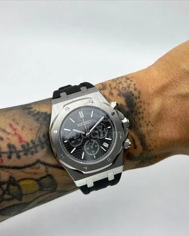 Custom S. Mod 42mm Black Quartz Chronograph Silver AP on Rubber Strap — image 1