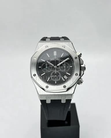 Custom S. Mod 42mm Black Quartz Chronograph Silver AP on Rubber Strap — image 2