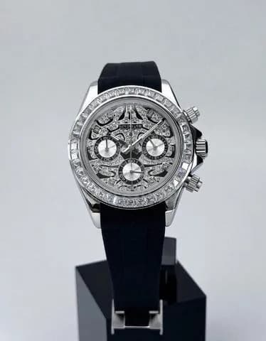 Custom S. Mod 39.5mm Silver Diamond Tiger Daytona Quartz Chronograph — image 5