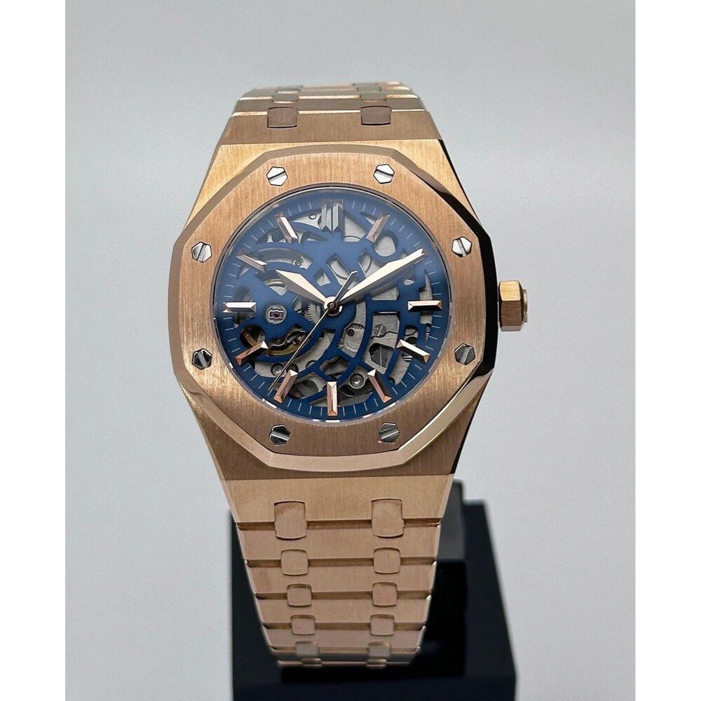 Custom Seiko Mod • Navy Blue Skeleton Rose Gold AP • 39mm E&S