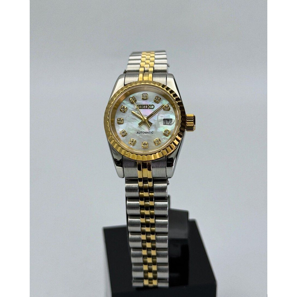 Custom Seiko Mod • 2-Tone White Pearl Gold Diamond Datejust • 26mm