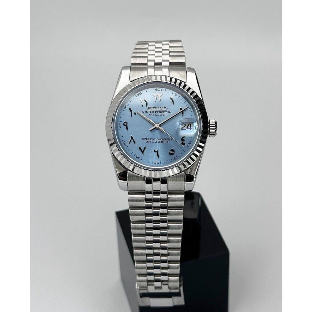 Arabic Dial Rolex Datejust Diamond Bezel Blue Custom Seiko Mod