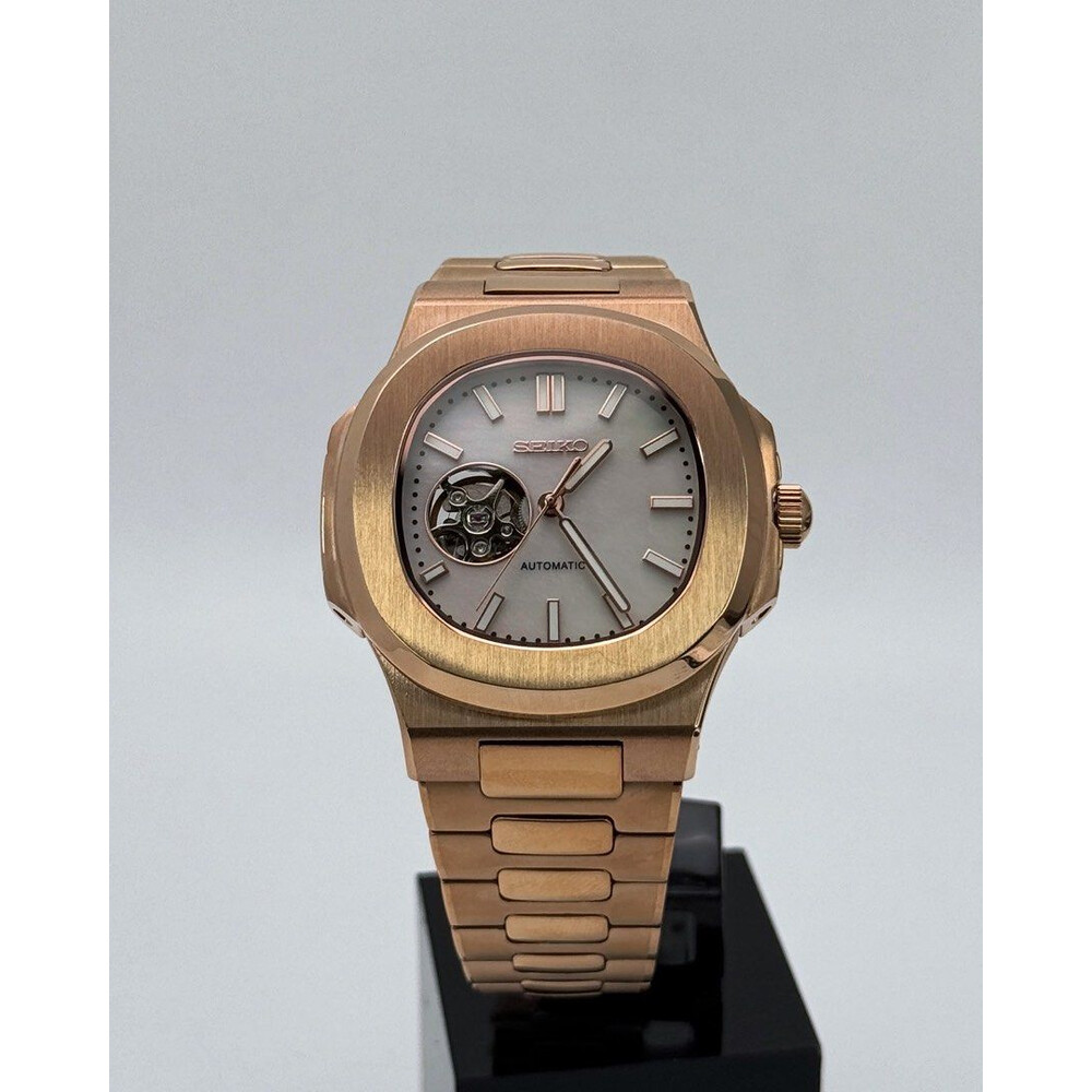 Custom Seiko Mod • White Pearl MOP Open Heart Rose Gold Nautilus