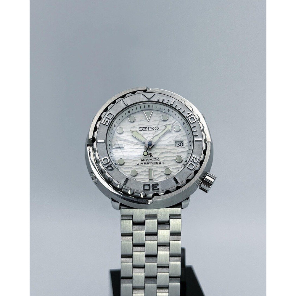 Custom Seiko Mod • White Metallic Tuna Automatic • 46mm E&S Watches