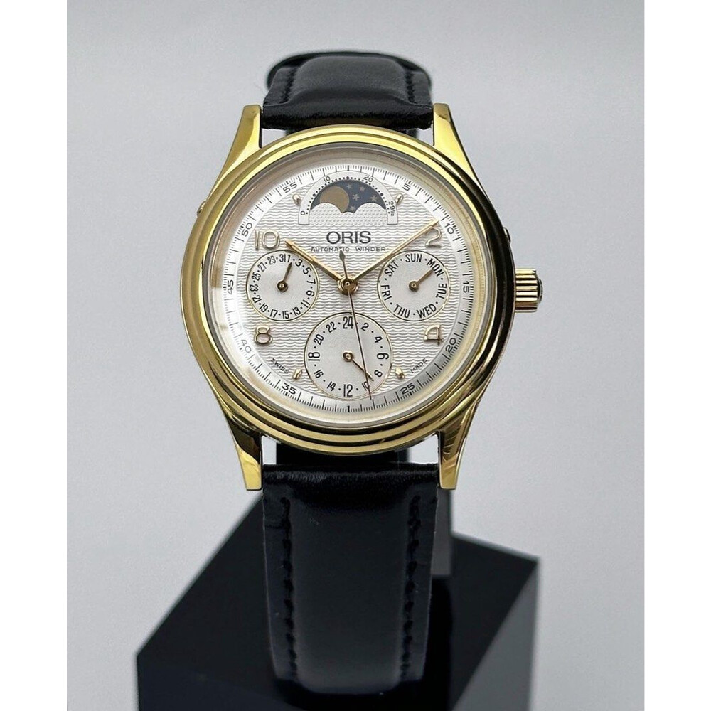 SOLD!!) 35mm • Oris Gold Moon Phase Triple Calendar Complication