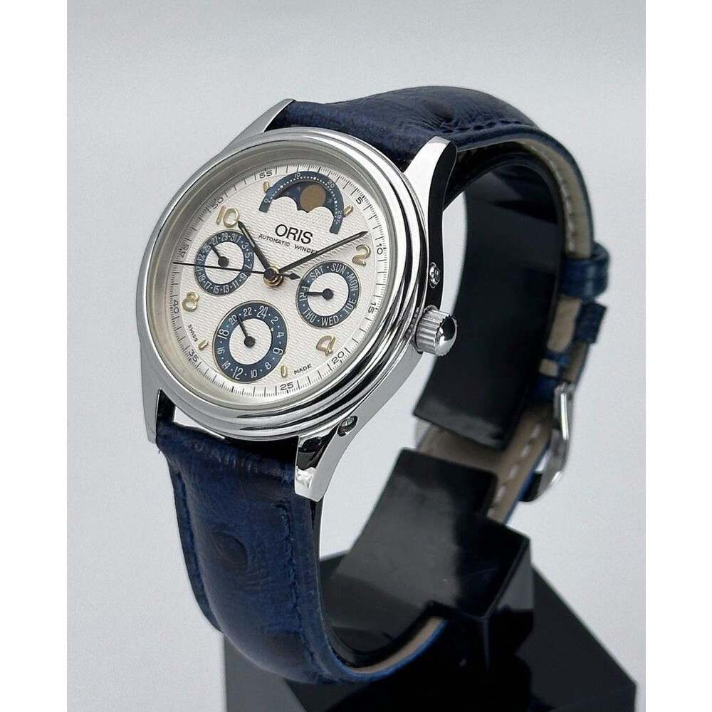 SOLD!!) 35mm • Oris Silver Blue Moon Phase Triple Calendar